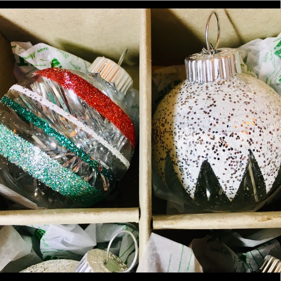 12 Christmas Radko Clear Glass Ball Ornaments Tinsel & Snow Glitter Stripes - Picture 8 of 9